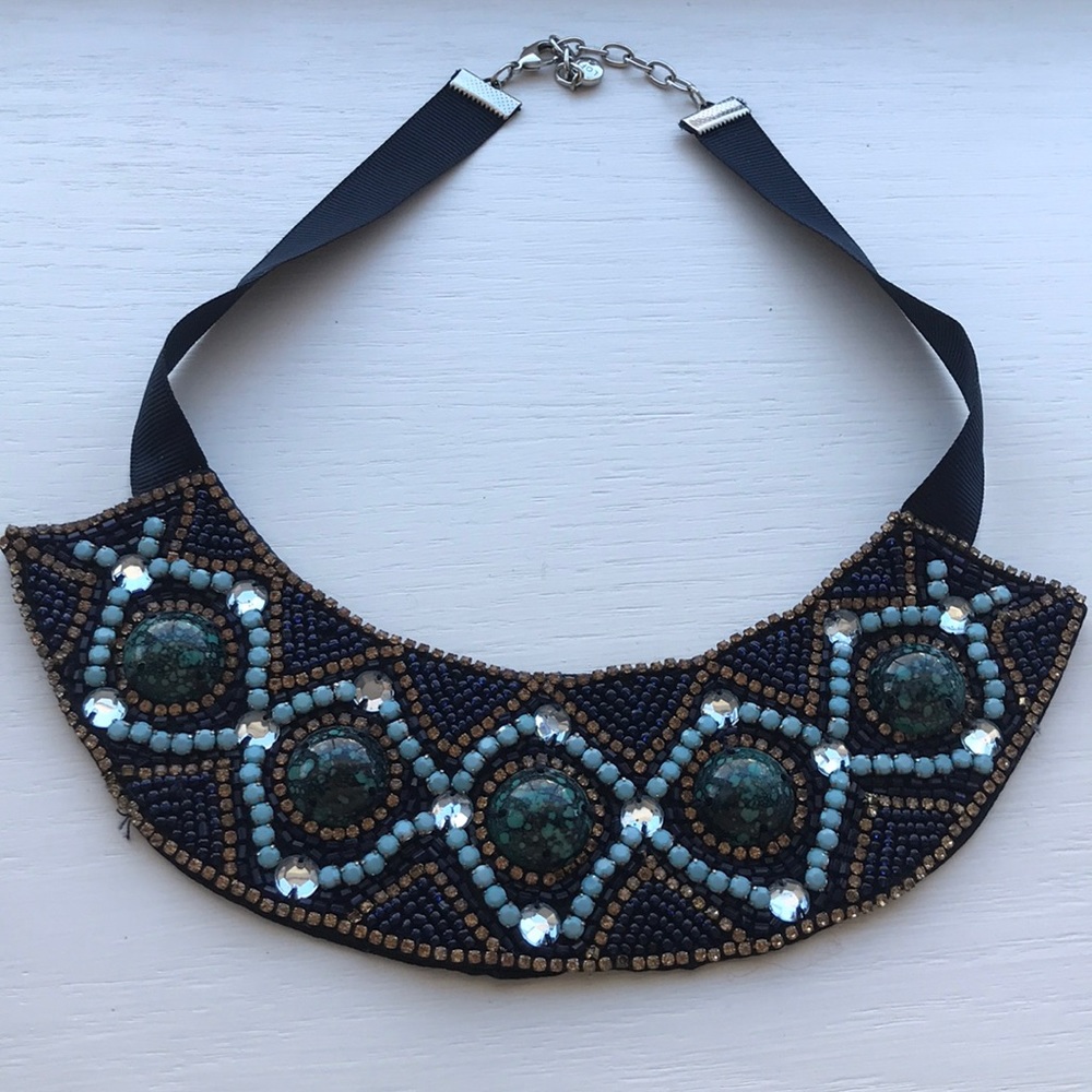 Navy Blue Bib Necklace with Turquoise Beads